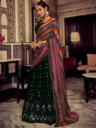 Captivating Bottle Green Thread Work Georgette Lehenga Choli With Dupatta